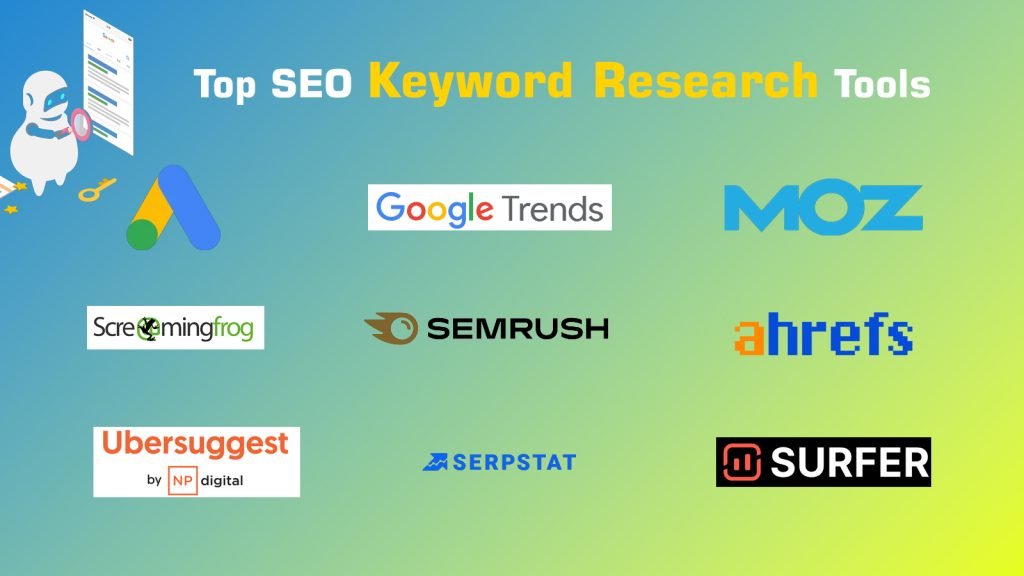 Berbagai tools riset keyword populer seperti Google Trends, SEMrush, Ahrefs, dan Moz